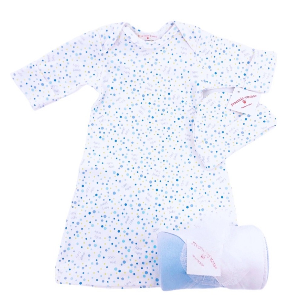NWT 6 to 8 pounds 2pc Baby Gown & Hat Set Blue Yellow Polka Dot by‎ NuBaby